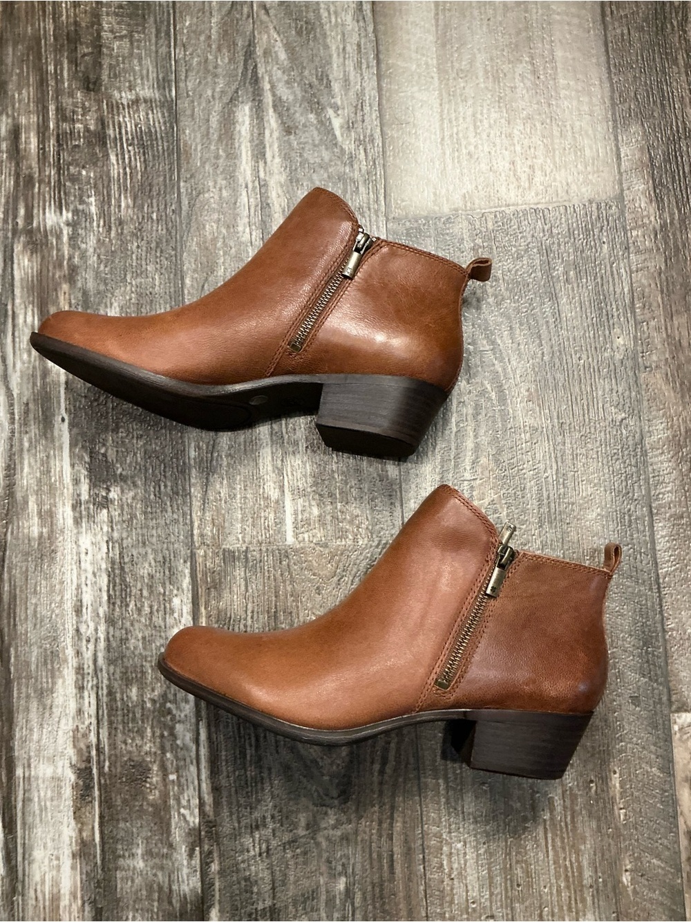 Lucky Brand Women's Cognac Leather Ankle Bootie with Side Zip - Picture 11 of 16